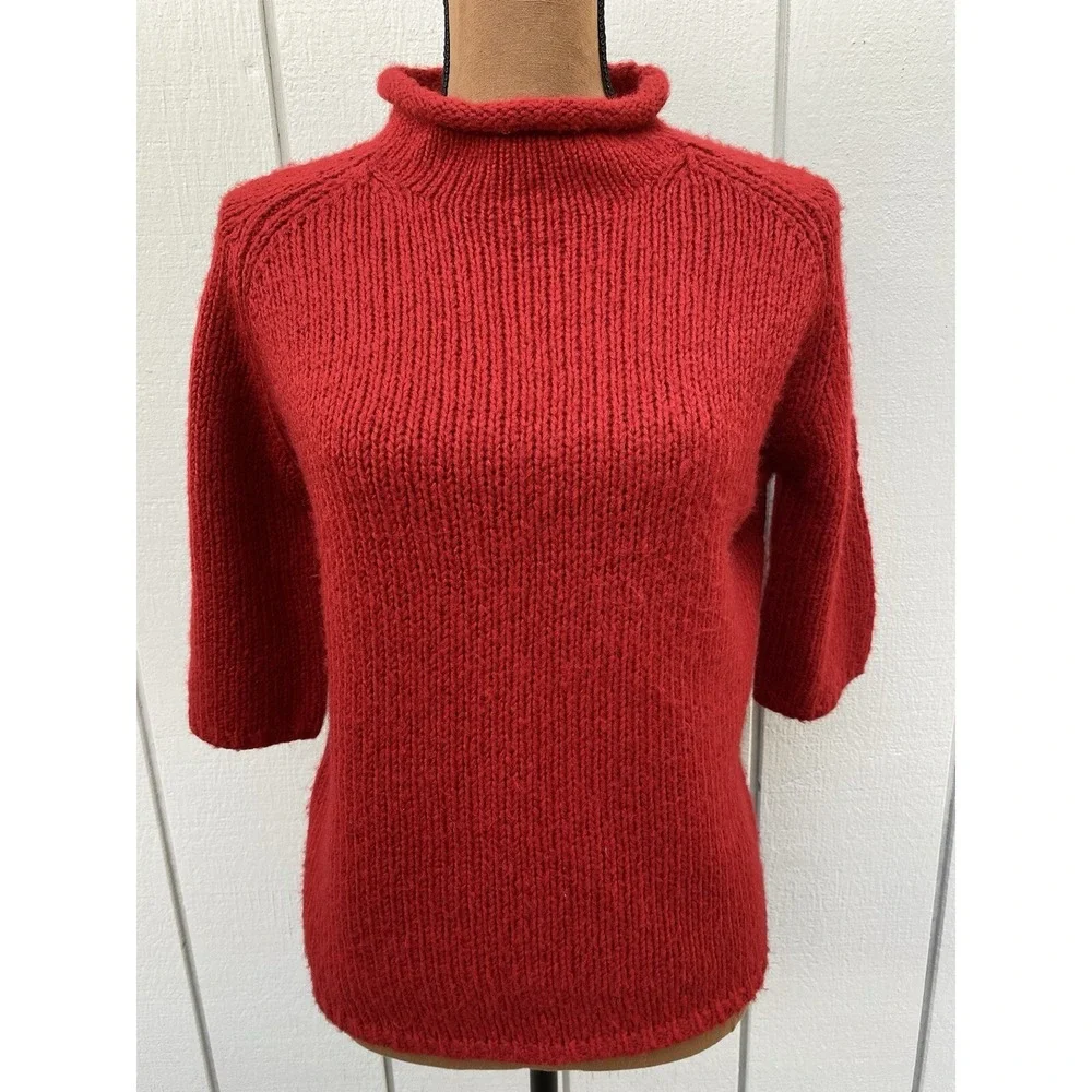 Apostrophe Women's Red Rolled Turtleneck Wool Blend Short Sleeve Sweater- Size L - Picture 1 of 11
